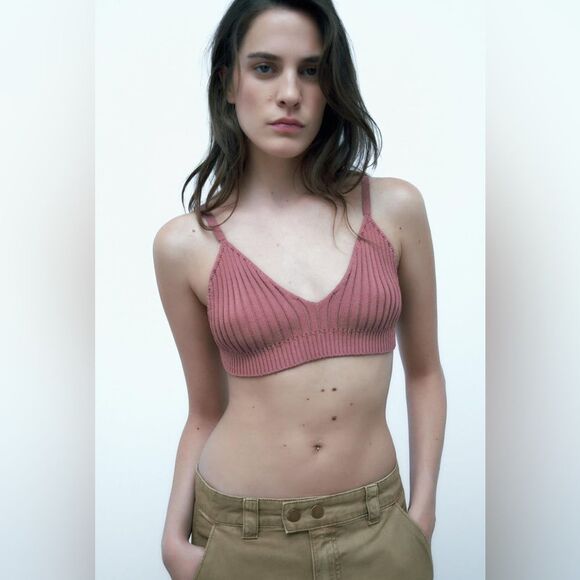 Zara NWT Ridded Knit Bralette Cropped Top in Maroon Size M Medium New - Picture 2 of 10